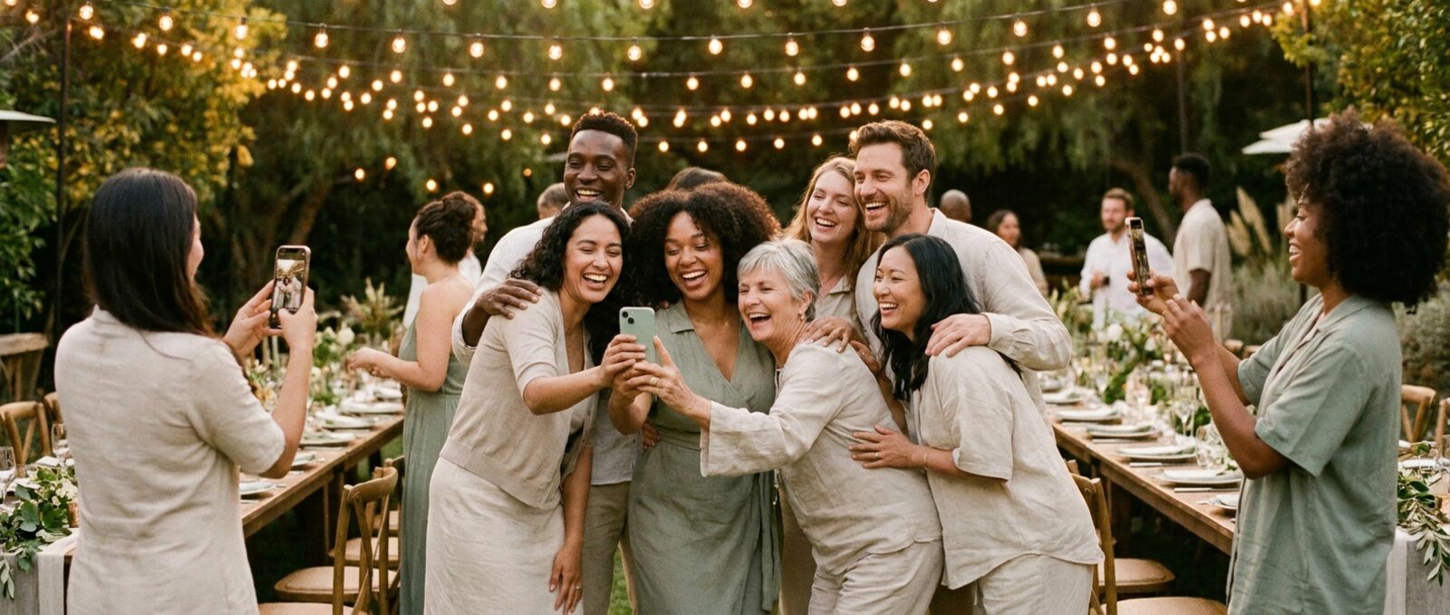 Wedding guests at an outdoor celebration taking photos on their phones to share in one album