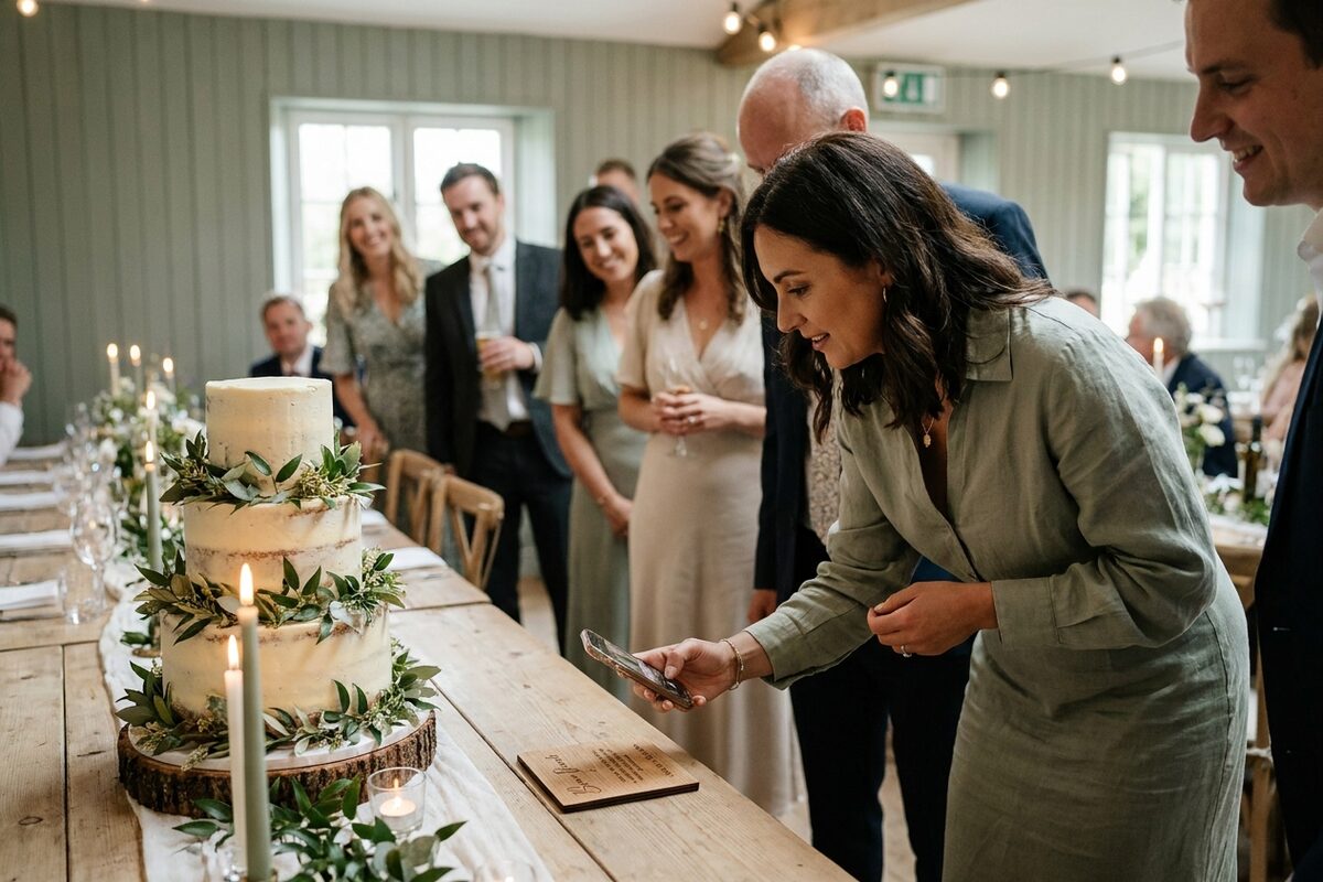 A wedding guest scanning a QR code sign to add their photos to the couple's shared album