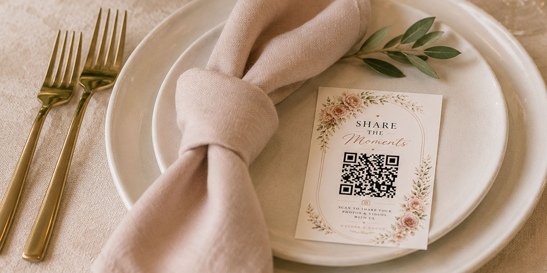 Printed wedding QR code cards on a beautifully set table