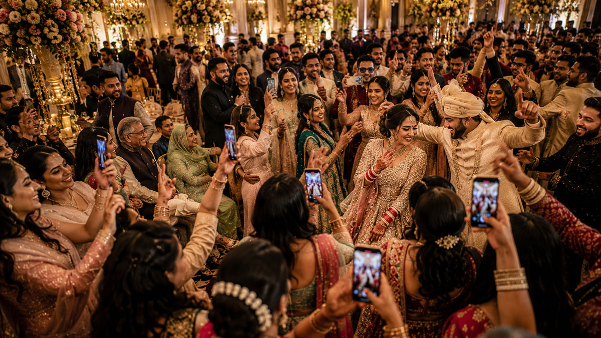 South Asian wedding guests sharing photos