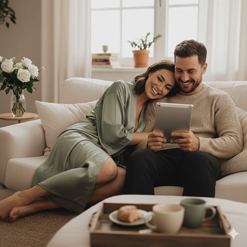 A couple on a sofa looking through their wedding photos on a tablet