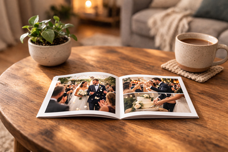 A small keepsake photobook resting on a coffee table