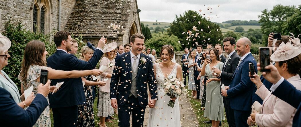 Newlyweds walking through a confetti shower outside an English country church while guests photograph them on their phones