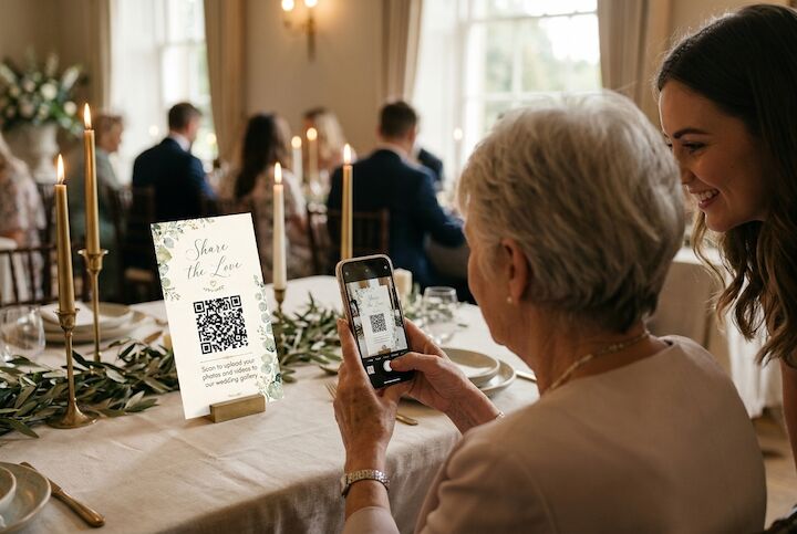 An older wedding guest scanning the QR code on a table card with her phone, smiling