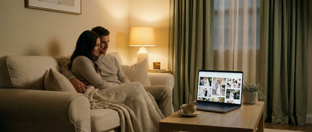 A couple sitting together on a sofa at home in the evening with their private wedding gallery open on a laptop