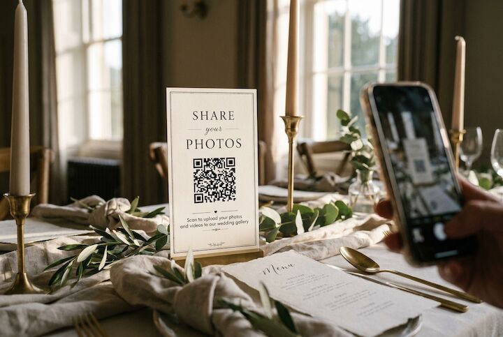 A wedding table card reading 'Share your photos' with a QR code, and a guest's phone scanning it