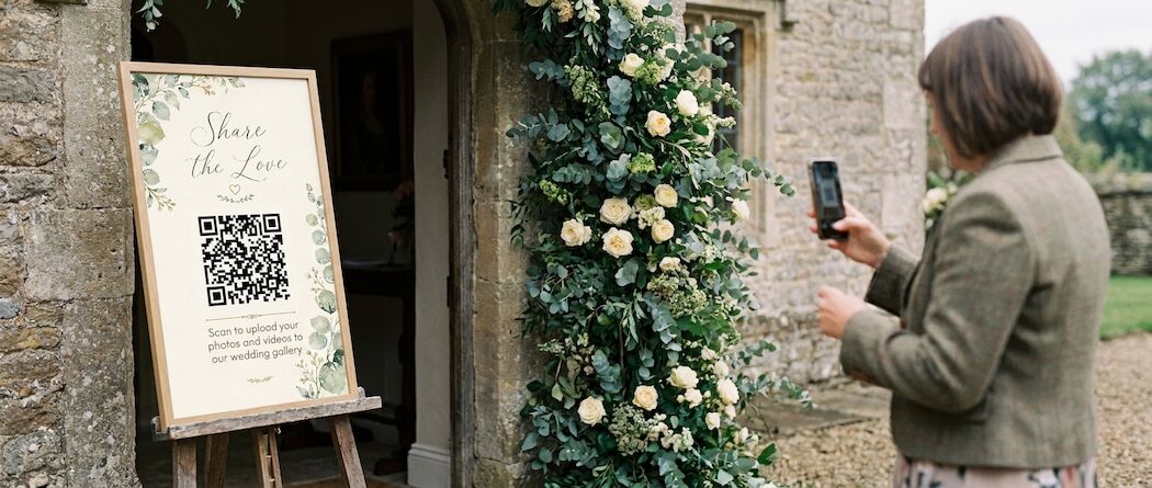 A framed wedding welcome sign on an easel showing a QR code and the words 'Share the love - scan to upload your photos and videos to our wedding gallery', with a guest scanning it
