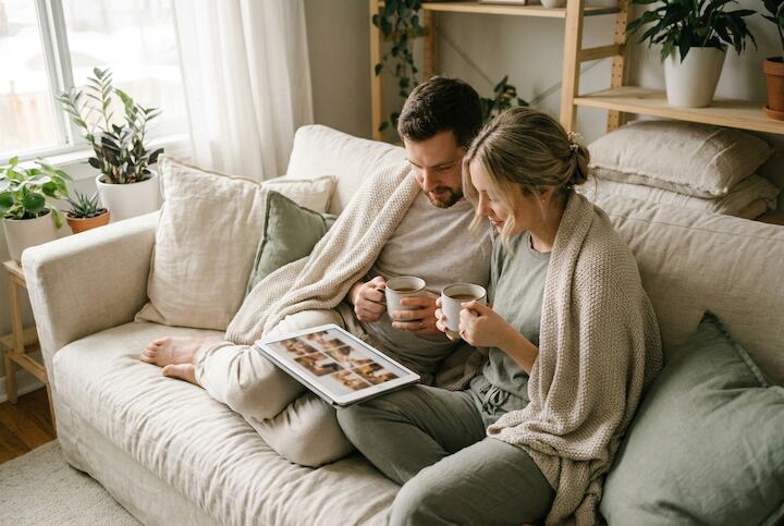 A newly married couple sitting together on a sofa at home with mugs of tea, looking through their wedding photos on a tablet