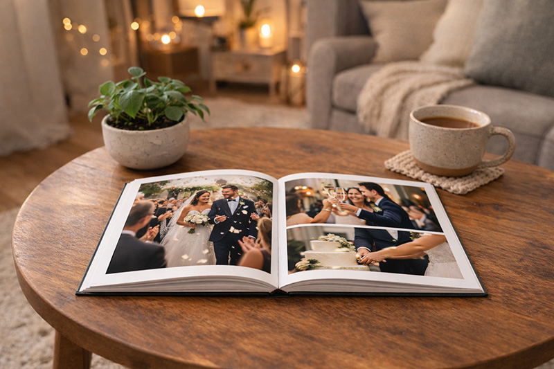 A printed wedding photobook resting on a coffee table