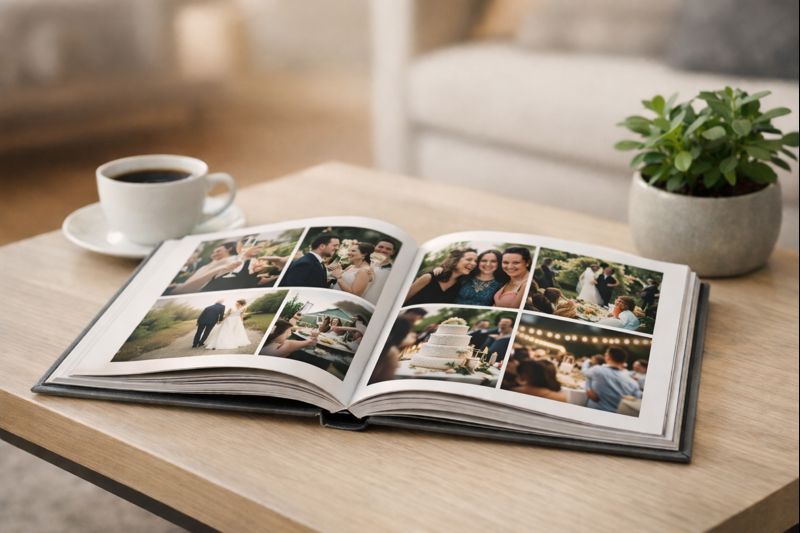 A beautiful printed photo book featuring wedding guest photos