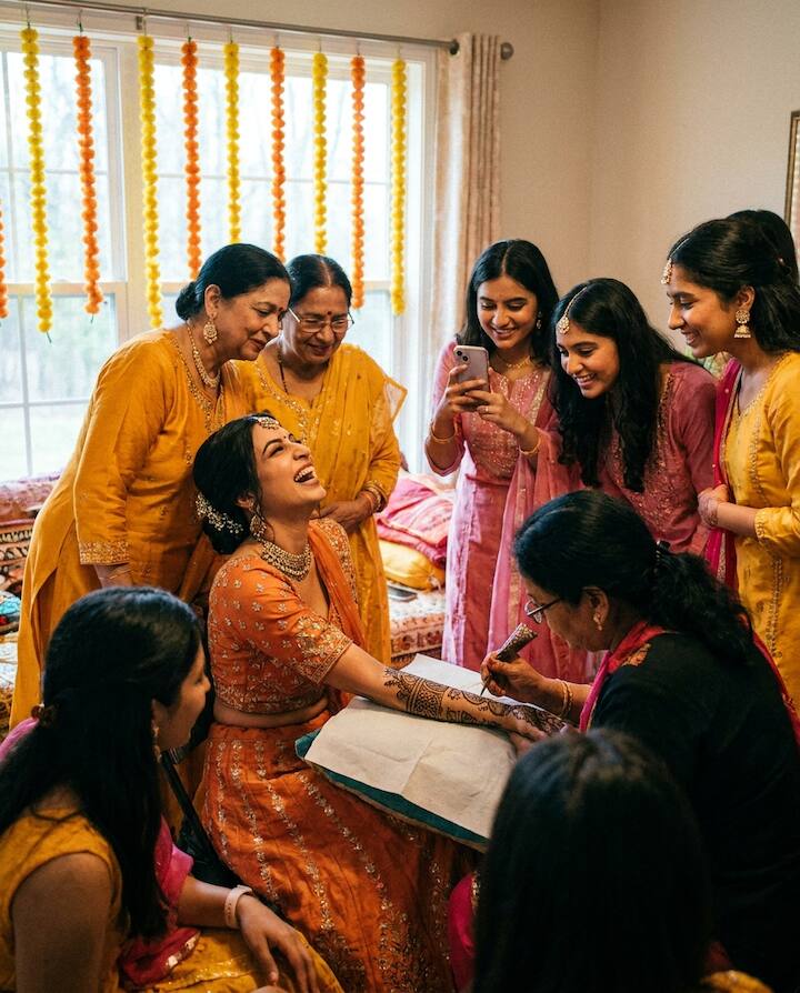 A bride laughing as henna is applied at her mehndi, surrounded by aunties and cousins, one photographing on her phone