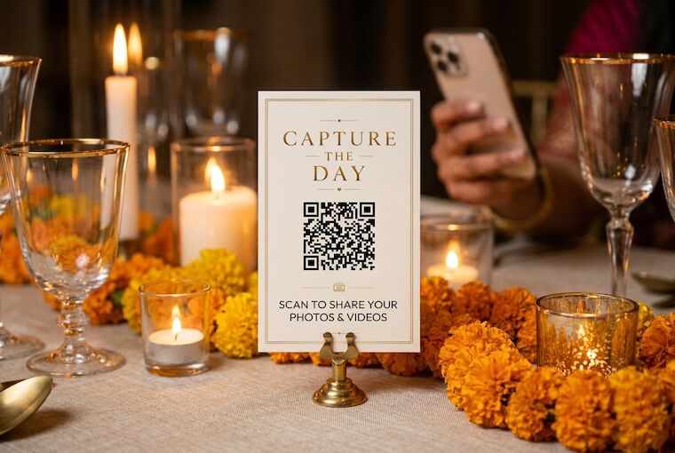A Gather & Group QR card in a brass holder on a marigold-decorated wedding table, reading 'Capture the day - scan to share your photos and videos', with a guest lifting her phone behind it